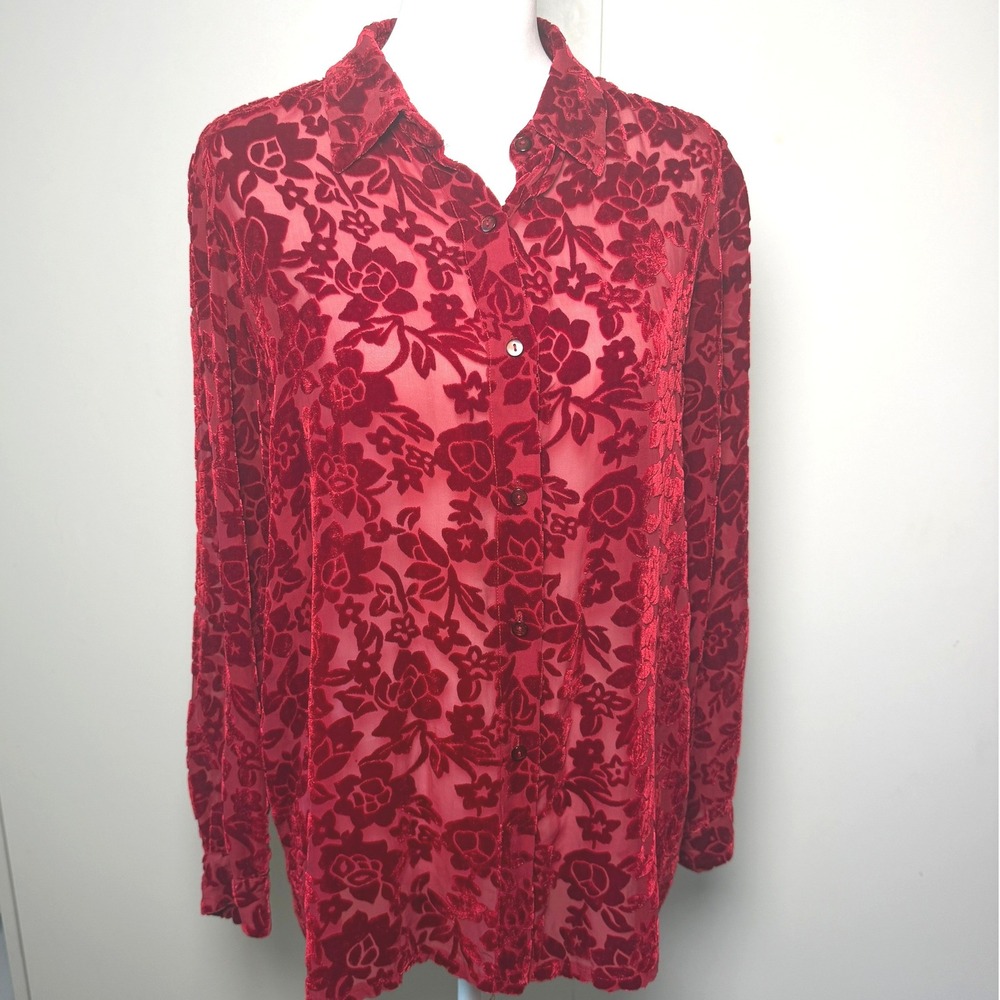NY&CO Red Silk‎ Blend Burnout Velvet Floral Blouse Womens L Romantic Goth Vamp